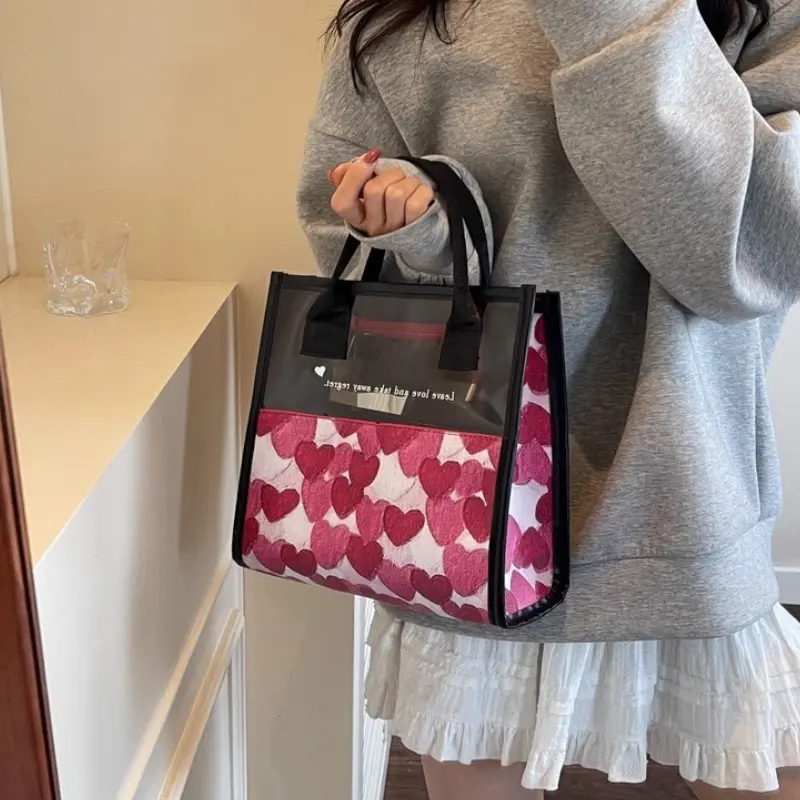 PU Women Tote Bag Love Shape Handbag Large Capacity Grocery Bag Gift Bag Beach Organizer Portable Shopping Bag Lunch Bag