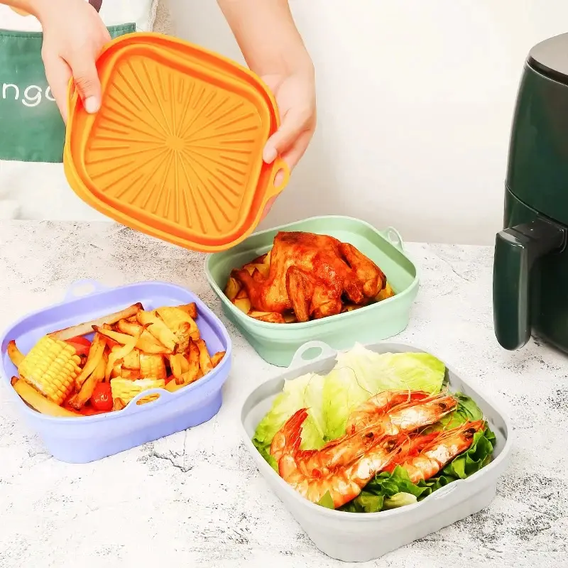 4Pc Air Fryer Silicone Basket Foldable Round Square Mold Airfryer Oven Baking Tray Pizza Fried Chicken Basket Reusable Pan Liner