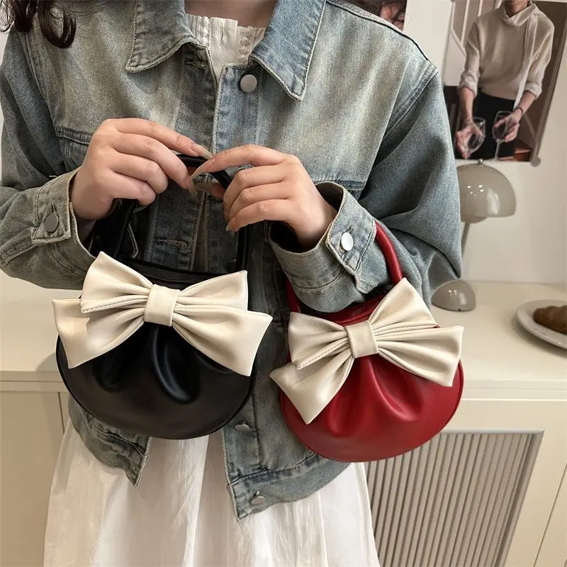 Women's Mini PU Clutch Bag Lightweight Small Purse with Bow Handle Magnetic Closure Coin Purse Soft Tote Handbag for Girls