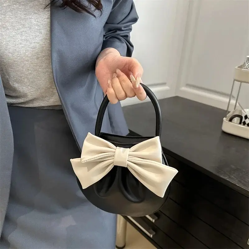 Women's Mini PU Clutch Bag Lightweight Small Purse with Bow Handle Magnetic Closure Coin Purse Soft Tote Handbag for Girls