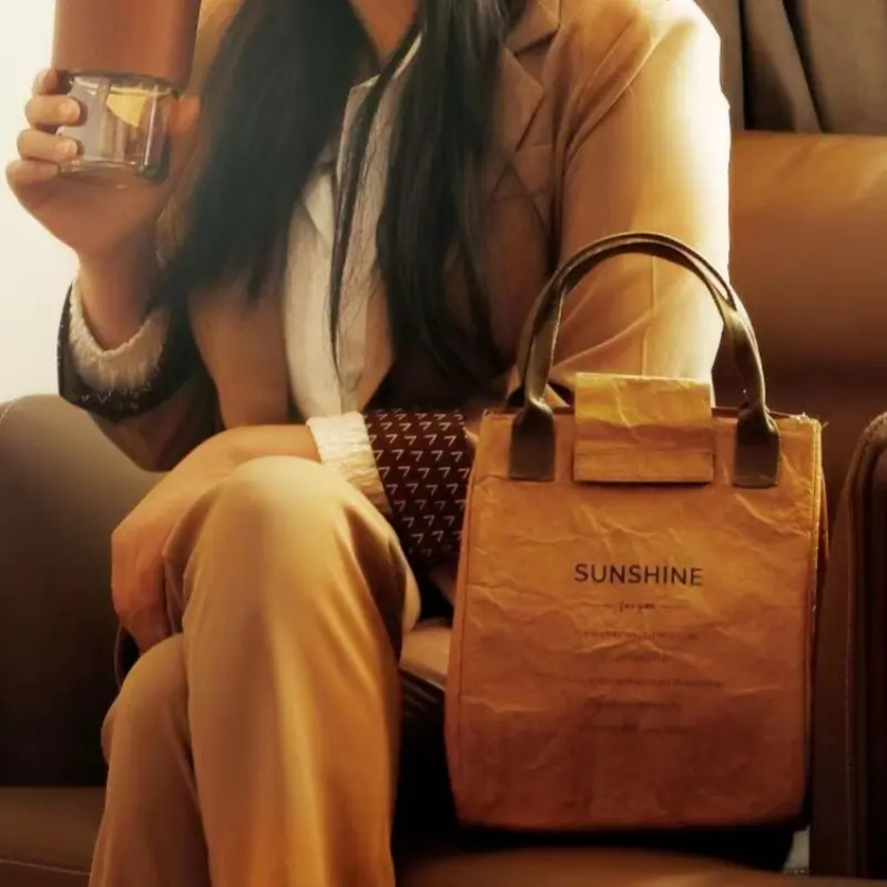 Insulation Bags Leakproof Fibre Paper Lunch Box Portable Insulated Bento Bags Thermal Cooler Insulated Kraft Bag Oil Water Proof