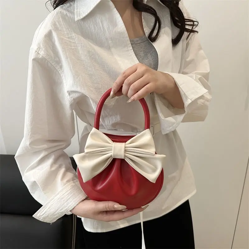 Women's Mini PU Clutch Bag Lightweight Small Purse with Bow Handle Magnetic Closure Coin Purse Soft Tote Handbag for Girls