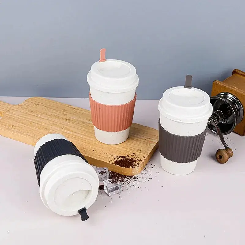 450ML Coffee Cups With Lids Wheat Straw Reusable Portable Coffee Cup Dishwasher Safe Coffee Mug Coffee Tea Travel Cups