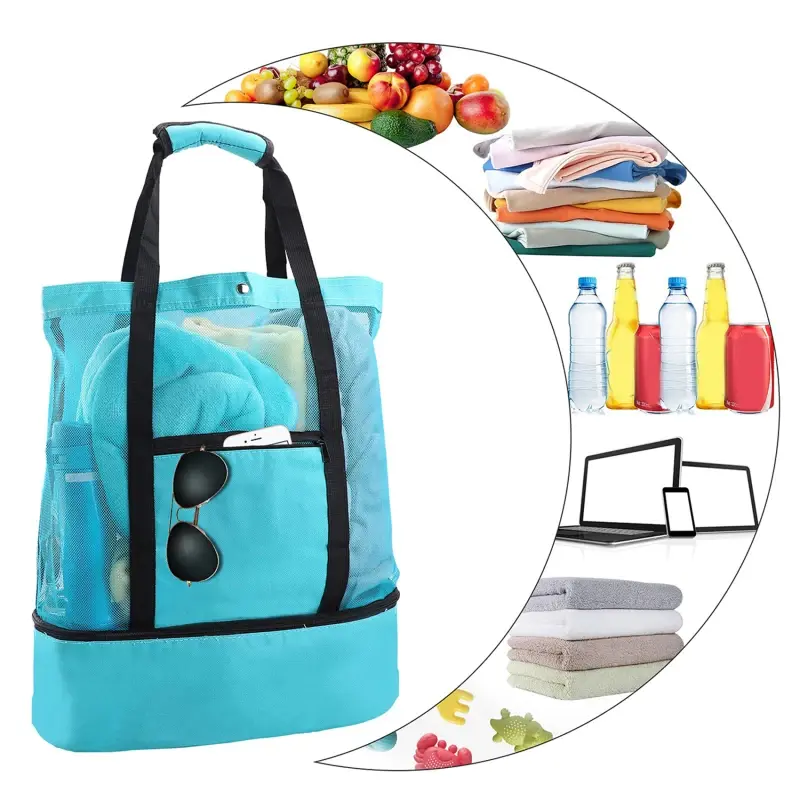 Double Layer Mesh Beach Cooler Bag Outdoor Camping Picnic Storage Bag Drink Food Cooler Tote Bag Thermal Insulation Lunch Box