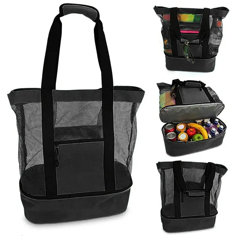 Double Layer Mesh Beach Cooler Bag Outdoor Camping Picnic Storage Bag Drink Food Cooler Tote Bag Thermal Insulation Lunch Box