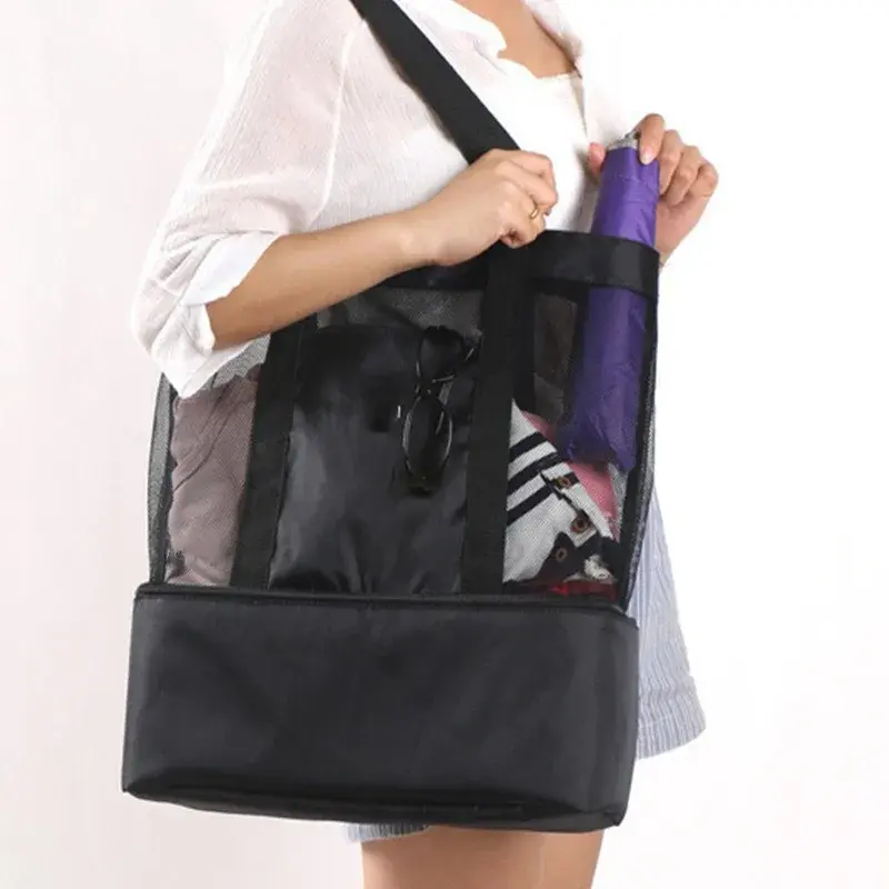 Double Layer Mesh Beach Cooler Bag Outdoor Camping Picnic Storage Bag Drink Food Cooler Tote Bag Thermal Insulation Lunch Box