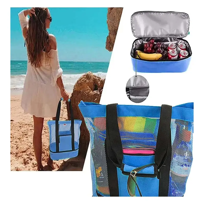 Double Layer Mesh Beach Cooler Bag Outdoor Camping Picnic Storage Bag Drink Food Cooler Tote Bag Thermal Insulation Lunch Box