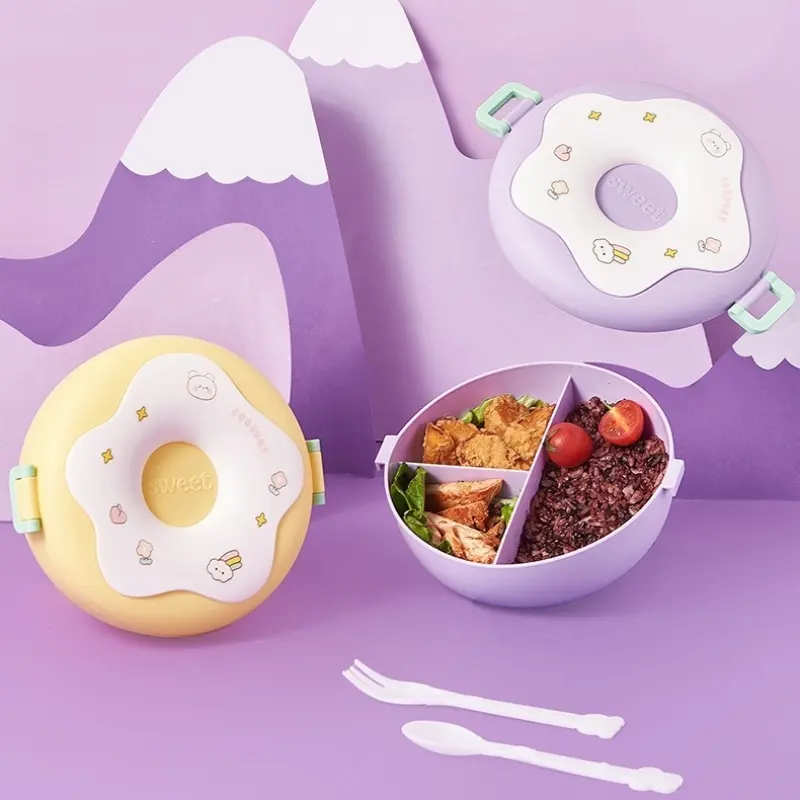 1000ML Cartoon Lunch Box Portable Grids Lunch Containers Donut Design Leak Proof 3 Compartments for Kids Children Picnic School