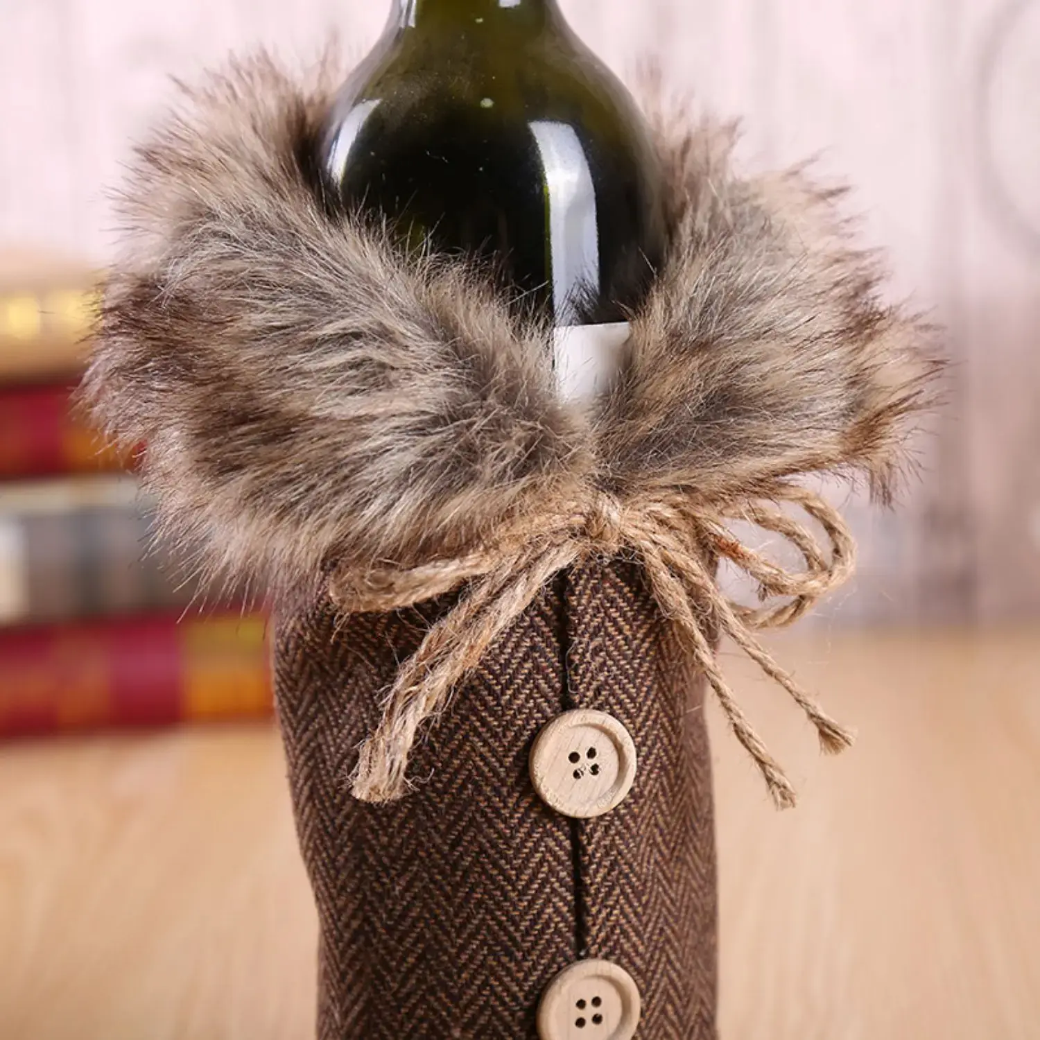 2Pcs Christmas Decoration Wine Set Holiday Decoration Props Bow Hemp Wool Collar Red Wine Bottle Set New Year Ornament Gifts