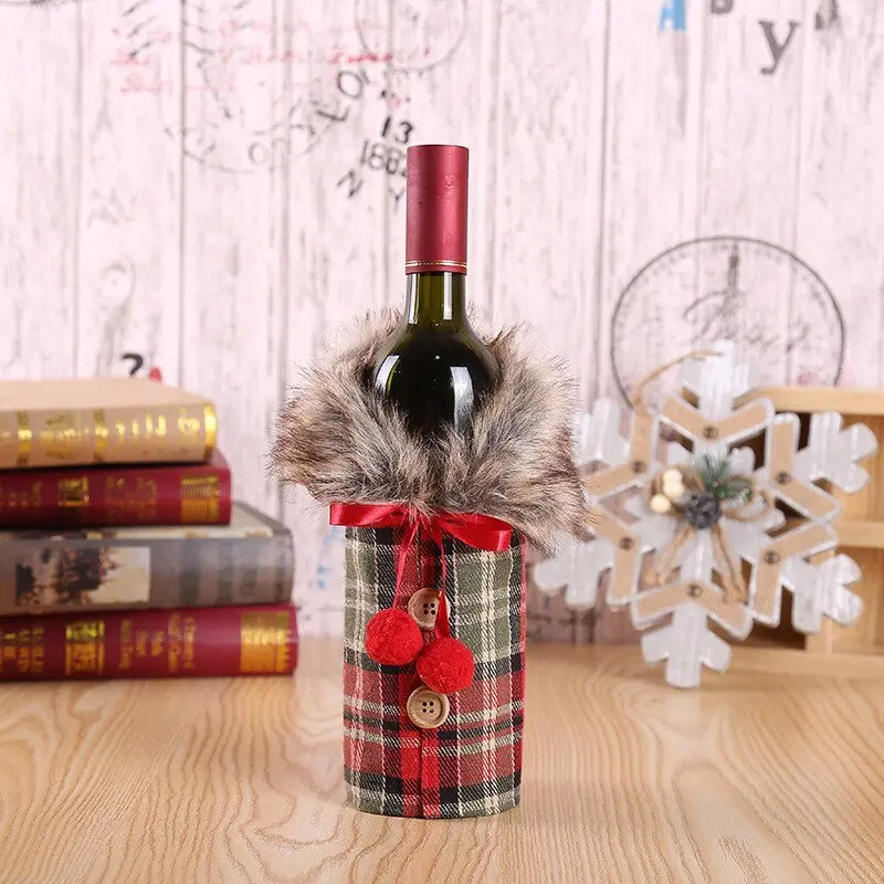 2Pcs Christmas Decoration Wine Set Holiday Decoration Props Bow Hemp Wool Collar Red Wine Bottle Set New Year Ornament Gifts
