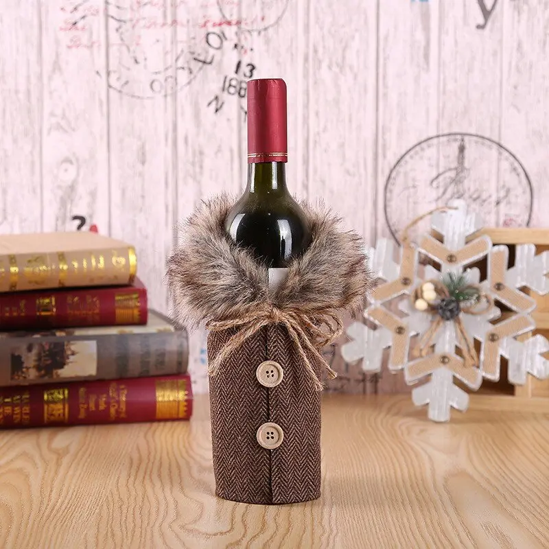 2Pcs Christmas Decoration Wine Set Holiday Decoration Props Bow Hemp Wool Collar Red Wine Bottle Set New Year Ornament Gifts