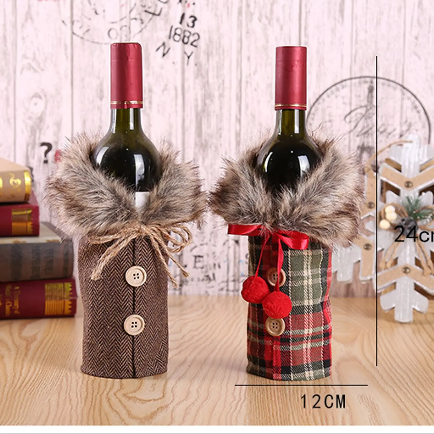 2Pcs Christmas Decoration Wine Set Holiday Decoration Props Bow Hemp Wool Collar Red Wine Bottle Set New Year Ornament Gifts