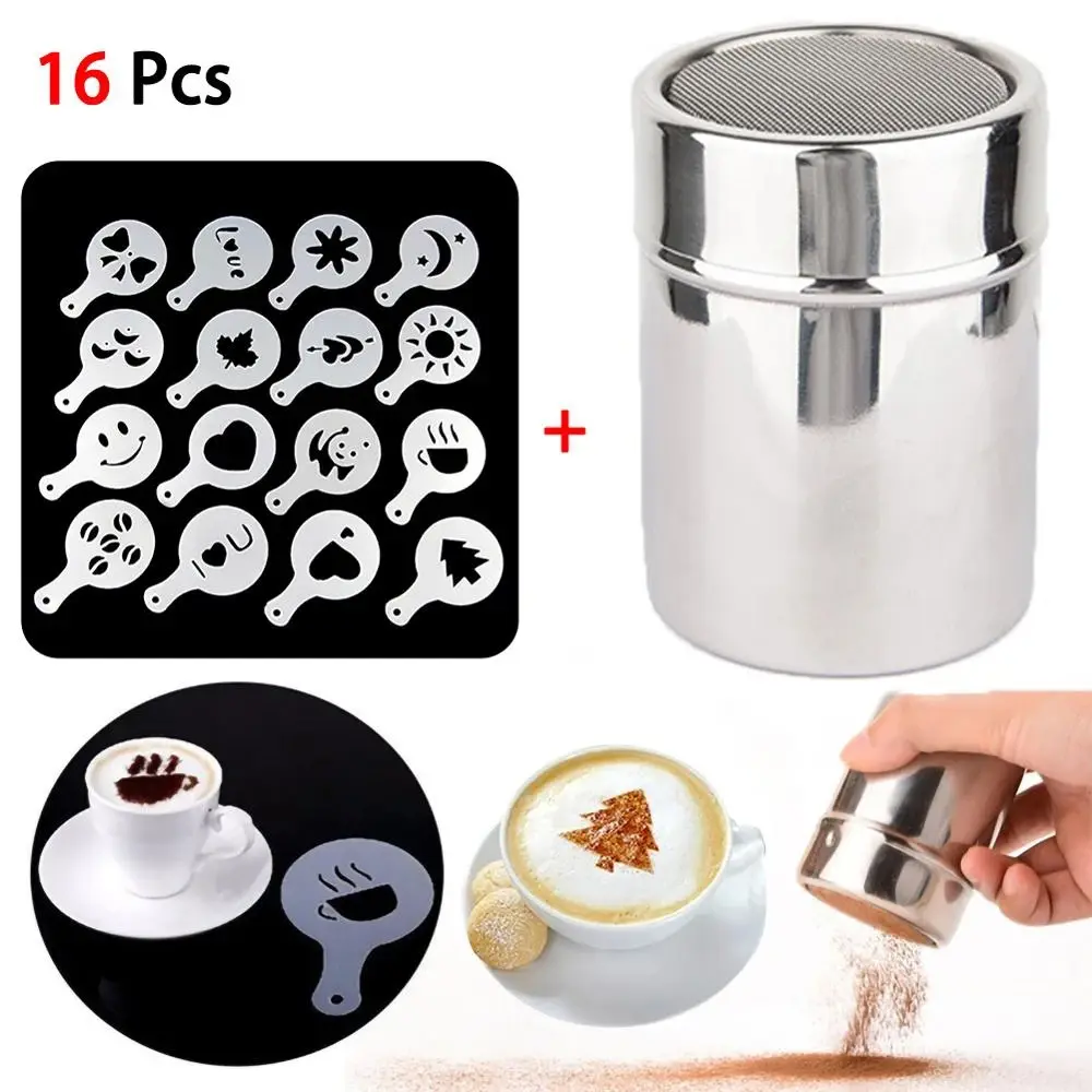 1pc Stainless Steel Chocolate Shaker Cocoa Flour Coffee Sifter Or 16Pcs Coffee Stencils Template Strew Pad Duster Spray Tools