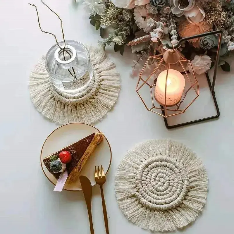 Round Cotton Braid Coaster Tassel Placemat Handmade Macrame Cup Cushion Bohemia Style Non-slip Cup Mat Coffee Pad Table Decor