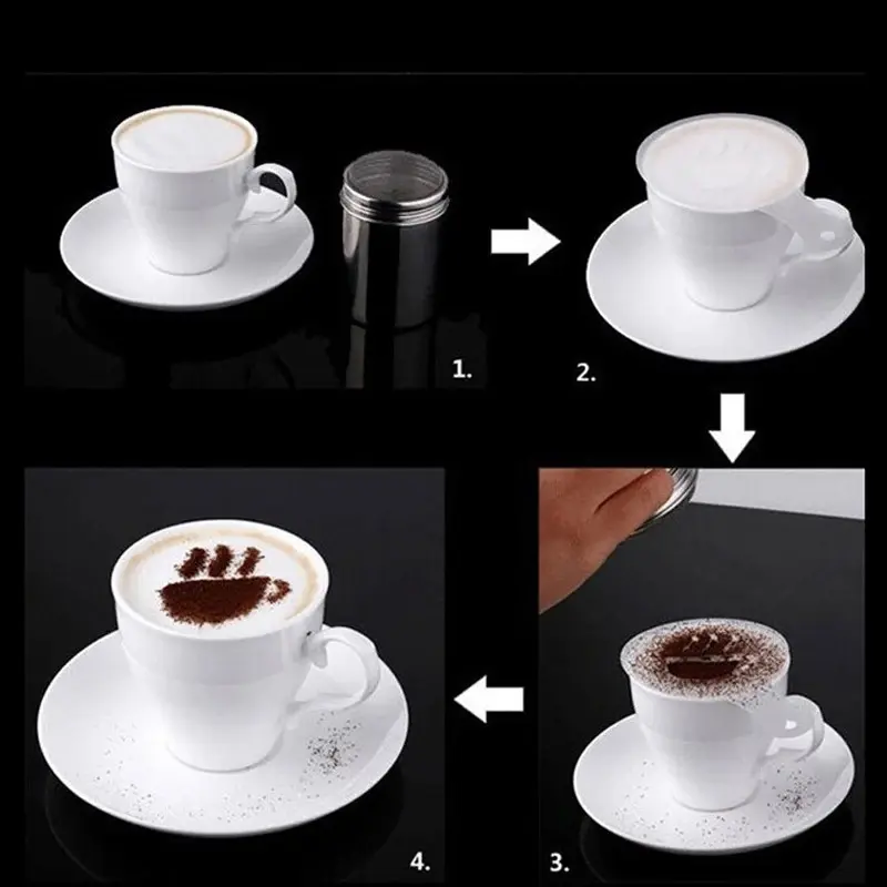 1pc Stainless Steel Chocolate Shaker Cocoa Flour Coffee Sifter Or 16Pcs Coffee Stencils Template Strew Pad Duster Spray Tools