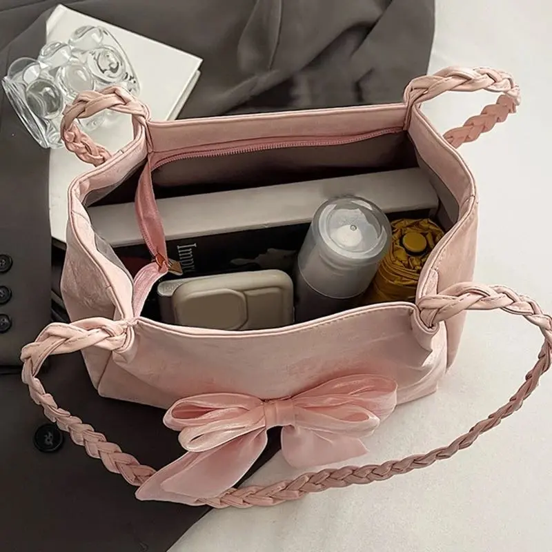 Women's Shoulder Bag with Bows Versatile Casual Hand-held Tote Bag Girls Bag Simple Spacious Trendy Crossbody Bag Commuter Bag