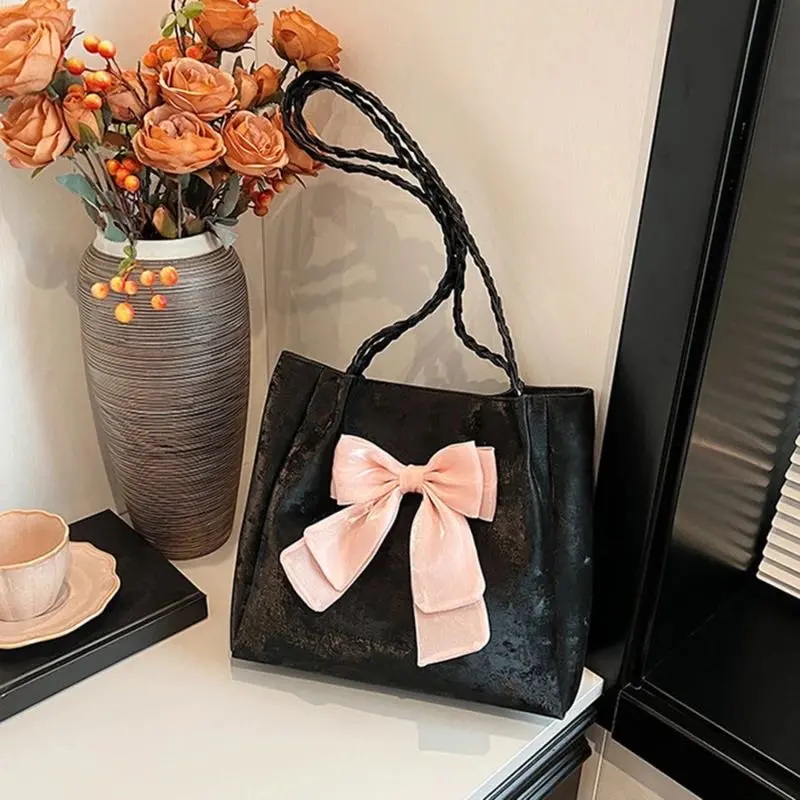 Women's Shoulder Bag with Bows Versatile Casual Hand-held Tote Bag Girls Bag Simple Spacious Trendy Crossbody Bag Commuter Bag