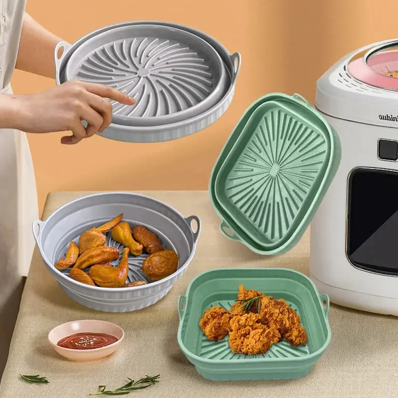 2Pc Air Fryer Silicone Basket Foldable Round Square Mold Airfryer Oven Baking Tray Pizza Fried Chicken Basket Reusable Pan Liner
