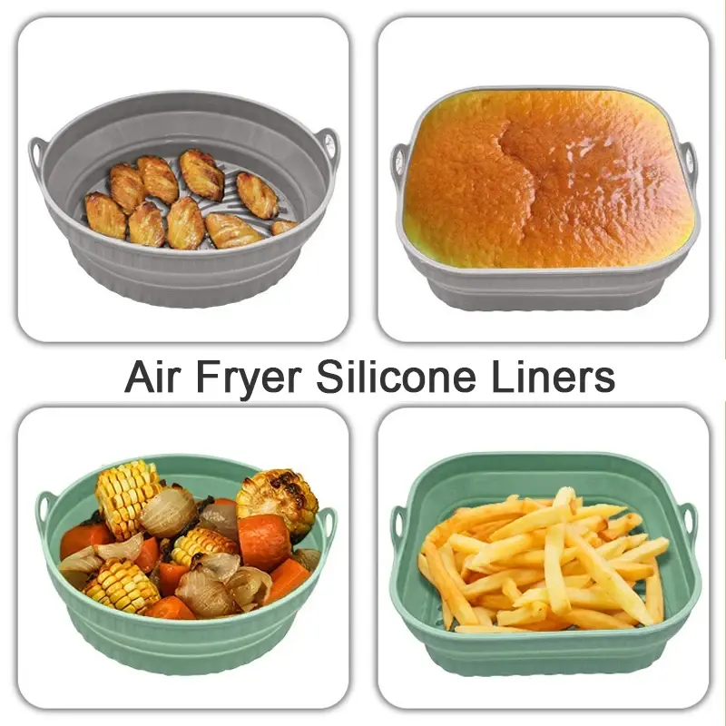 2Pc Air Fryer Silicone Basket Foldable Round Square Mold Airfryer Oven Baking Tray Pizza Fried Chicken Basket Reusable Pan Liner