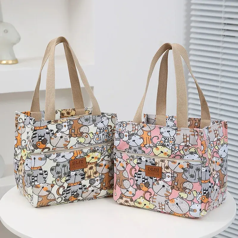 Cute Cartoon Print Lunch Bag Women Insulated Large Capacity Bento Bag Kids Thermal Cooler Handbag For School Work Travel Picnic