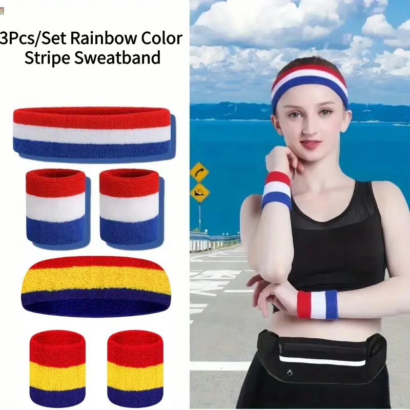 3Pcs Rainbow Color Stripe Sweatband Moisture Wicking Summer Sport Headband Wristband for Fitness Running Yoga Football Athletics