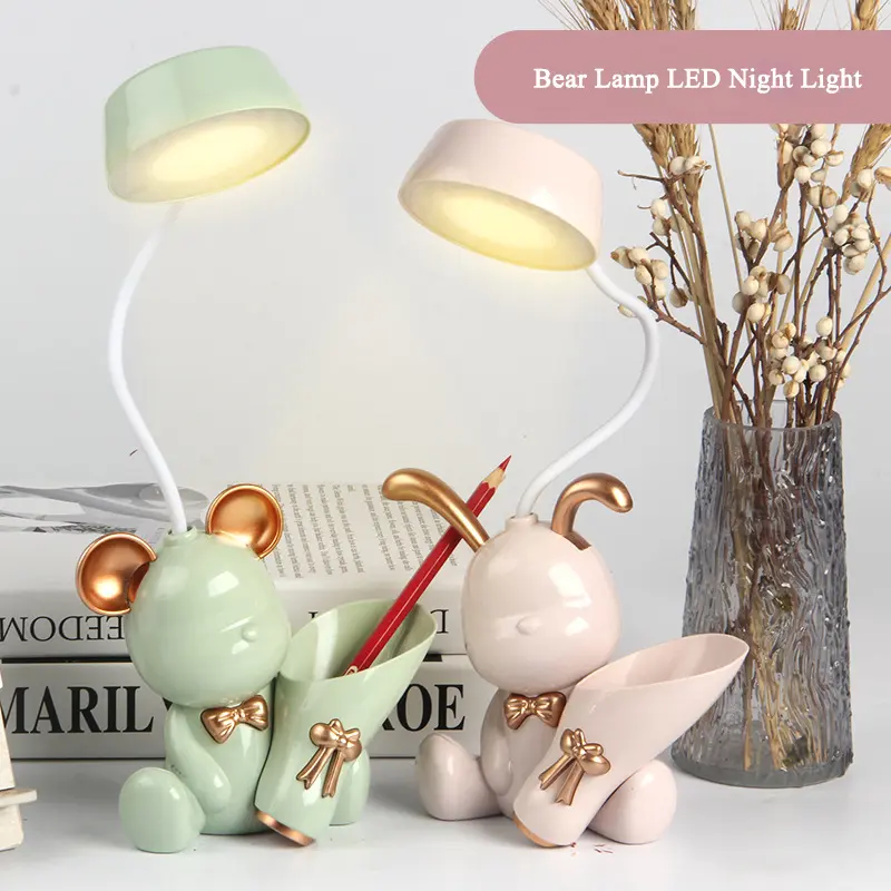 Bear Lamp LED Night Light USB Rechargeable Eye Protection Multifunctional Table Desk Lighting with Pen Holder Learning Cute ABS