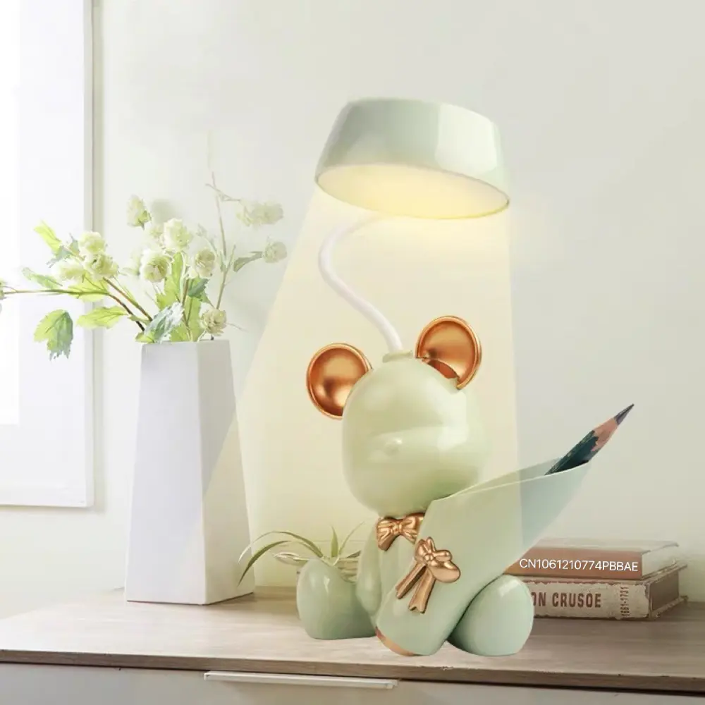 Bear Lamp LED Night Light USB Rechargeable Eye Protection Multifunctional Table Desk Lighting with Pen Holder Learning Cute ABS