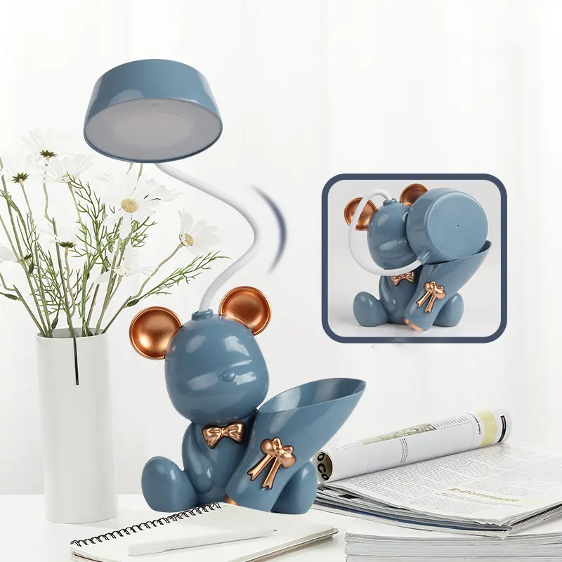 Bear Lamp LED Night Light USB Rechargeable Eye Protection Multifunctional Table Desk Lighting with Pen Holder Learning Cute ABS