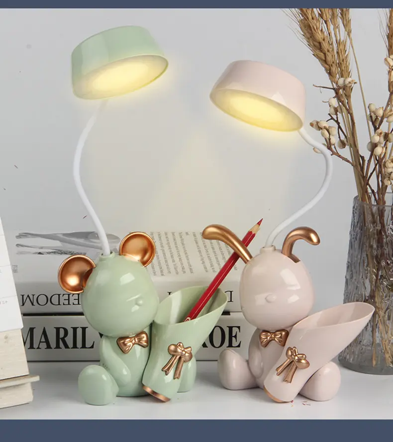 Bear Lamp LED Night Light USB Rechargeable Eye Protection Multifunctional Table Desk Lighting with Pen Holder Learning Cute ABS
