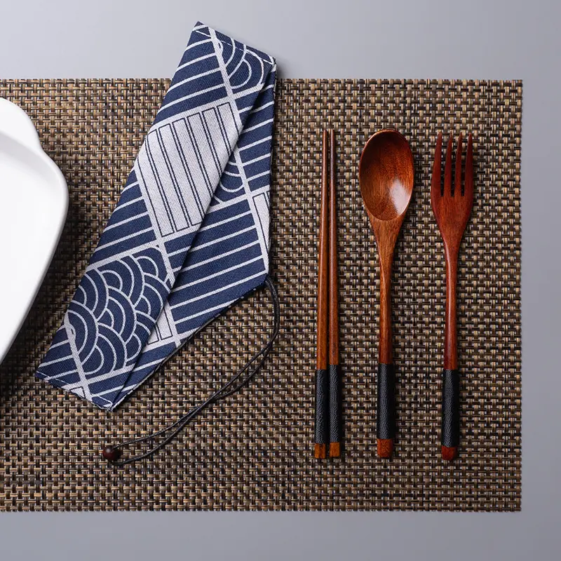 Japanese Style Wooden Spoon Fork Chopsticks  Long Handle Solid Tableware Natural Wood Adult Portable Spoon Fork Cloth