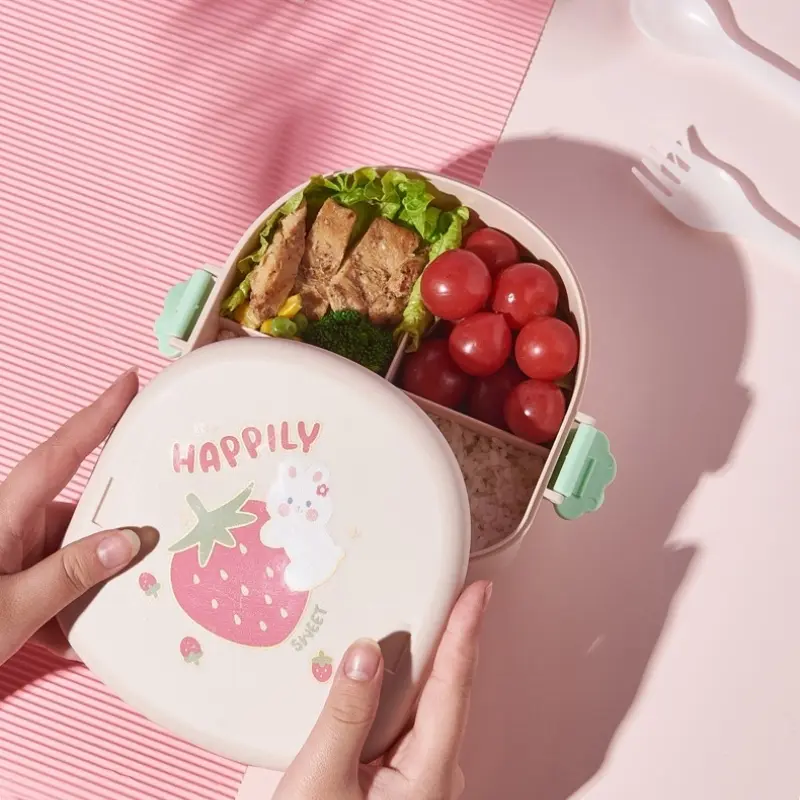 880ML Kawaii Cartoon Bento Box for Kids 3 Compartments Fruits Food Container for Girls Boys Portable Lunch Box with Spoon Fork