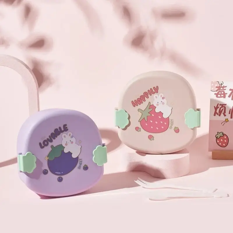 880ML Kawaii Cartoon Bento Box for Kids 3 Compartments Fruits Food Container for Girls Boys Portable Lunch Box with Spoon Fork