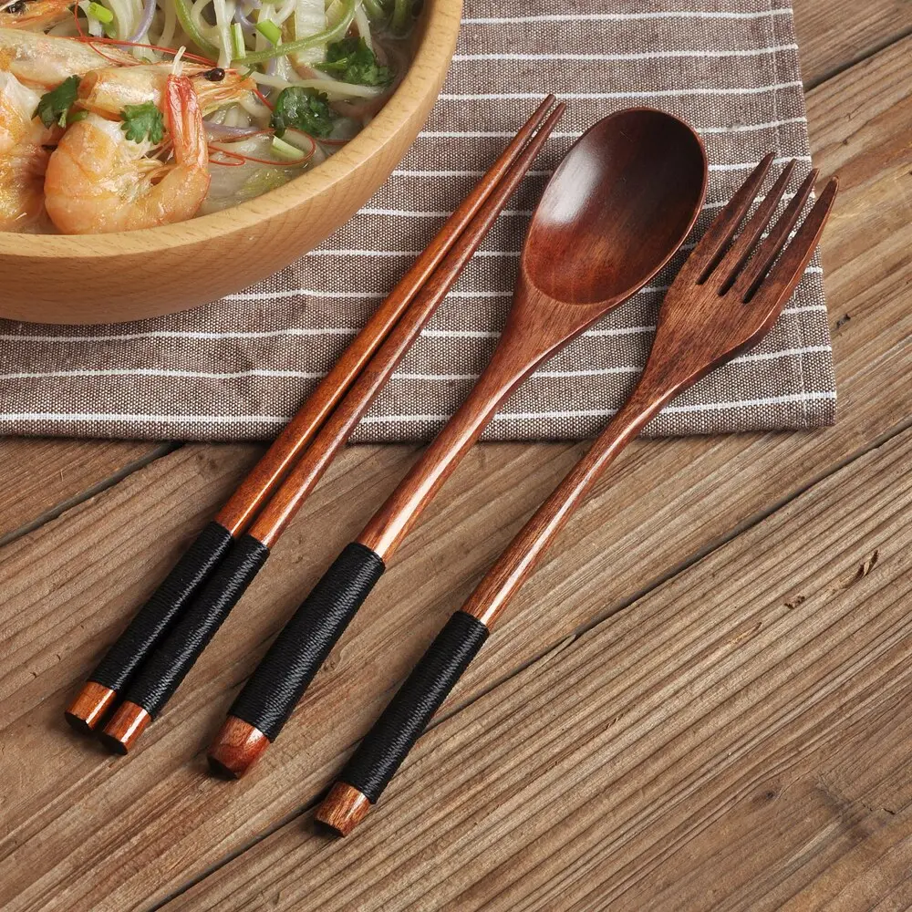 Japanese Style Wooden Spoon Fork Chopsticks  Long Handle Solid Tableware Natural Wood Adult Portable Spoon Fork Cloth