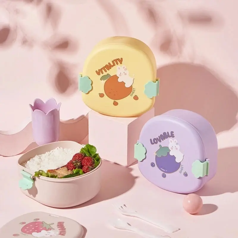 880ML Kawaii Cartoon Bento Box for Kids 3 Compartments Fruits Food Container for Girls Boys Portable Lunch Box with Spoon Fork