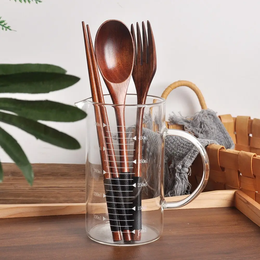 Japanese Style Wooden Spoon Fork Chopsticks  Long Handle Solid Tableware Natural Wood Adult Portable Spoon Fork Cloth