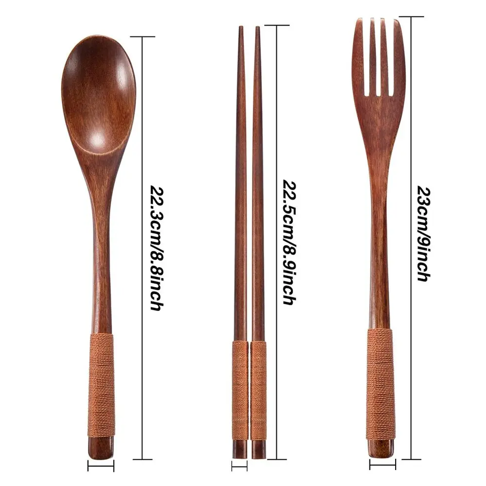 Japanese Style Wooden Spoon Fork Chopsticks  Long Handle Solid Tableware Natural Wood Adult Portable Spoon Fork Cloth