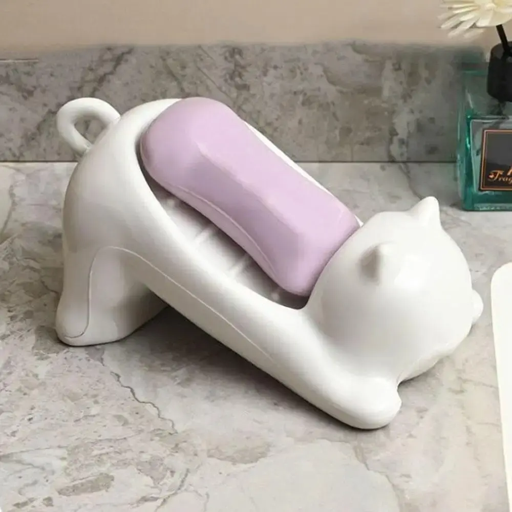 Cat Shape Soap Box Cartoon Soap Dish Drainable Storage Holder Soap Container Storage Dish Household Bathroom Accessories