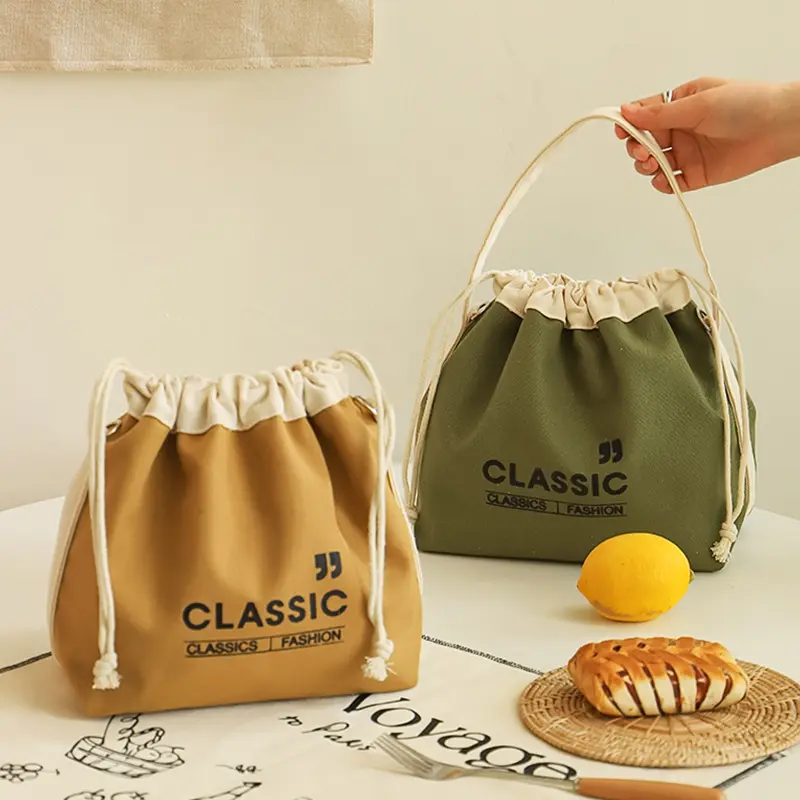 Japanese Drawstring Canvas Insulated Lunch Bag Thicken Food Storage Thermal Bento Box Tote Cooler Handbags for Outdoor Picnic