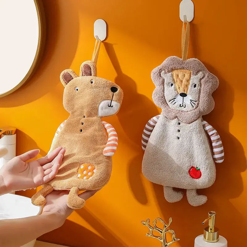 4Pcs Cartoon Animal Shape Coral Velvet Hand Towel Bathroom Hanging Absorbent Towel Kitchen Thick Embroidered Square Towel