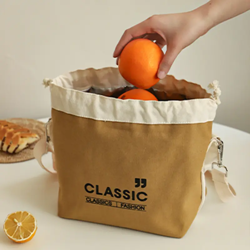 Japanese Drawstring Canvas Insulated Lunch Bag Thicken Food Storage Thermal Bento Box Tote Cooler Handbags for Outdoor Picnic