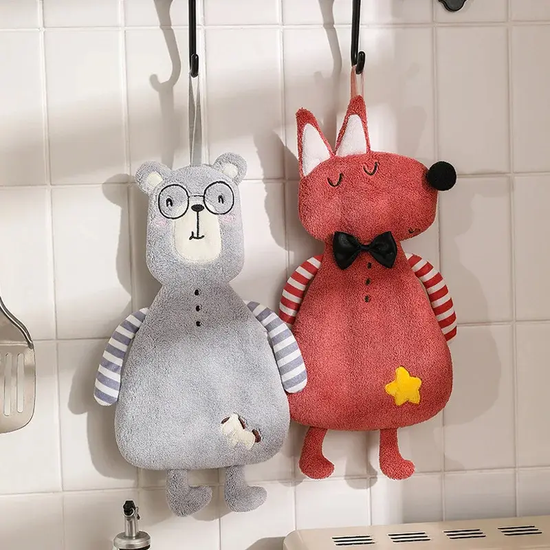 4Pcs Cartoon Animal Shape Coral Velvet Hand Towel Bathroom Hanging Absorbent Towel Kitchen Thick Embroidered Square Towel