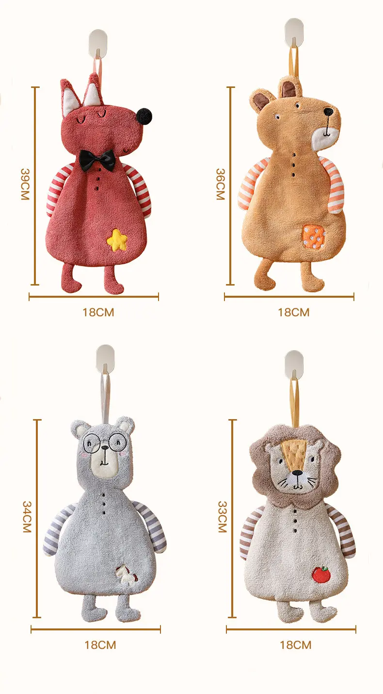 4Pcs Cartoon Animal Shape Coral Velvet Hand Towel Bathroom Hanging Absorbent Towel Kitchen Thick Embroidered Square Towel