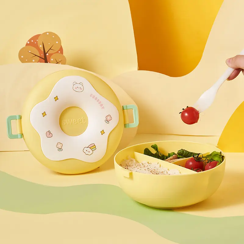 1000ML Cartoon Lunch Box Grids Lunch Containers Donut Design Leak Proof 3 Compartments for Kids Children Picnic School