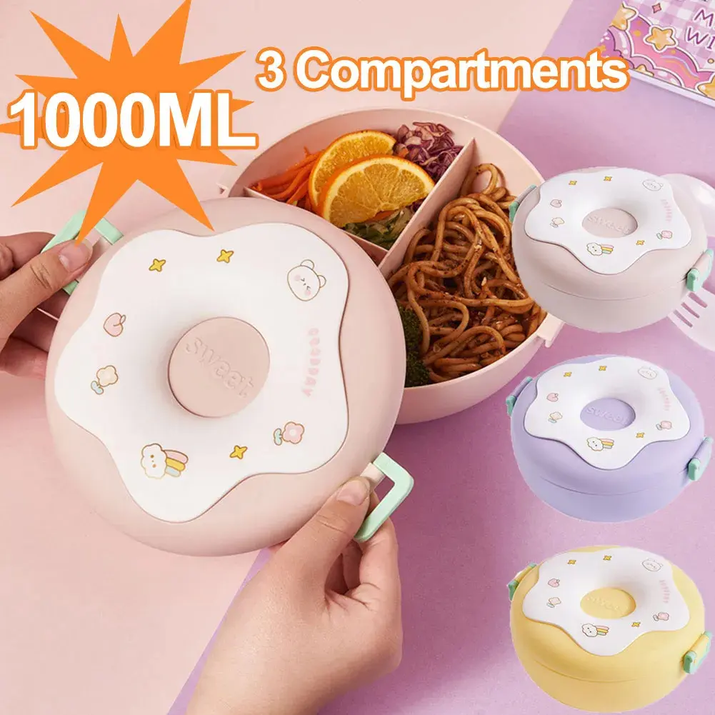 1000ML Cartoon Lunch Box Grids Lunch Containers Donut Design Leak Proof 3 Compartments for Kids Children Picnic School