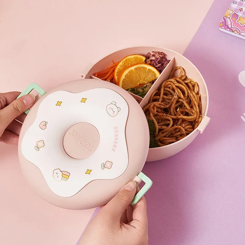 1000ML Cartoon Lunch Box Grids Lunch Containers Donut Design Leak Proof 3 Compartments for Kids Children Picnic School