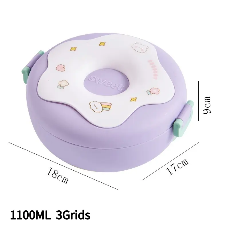 1000ML Cartoon Lunch Box Grids Lunch Containers Donut Design Leak Proof 3 Compartments for Kids Children Picnic School