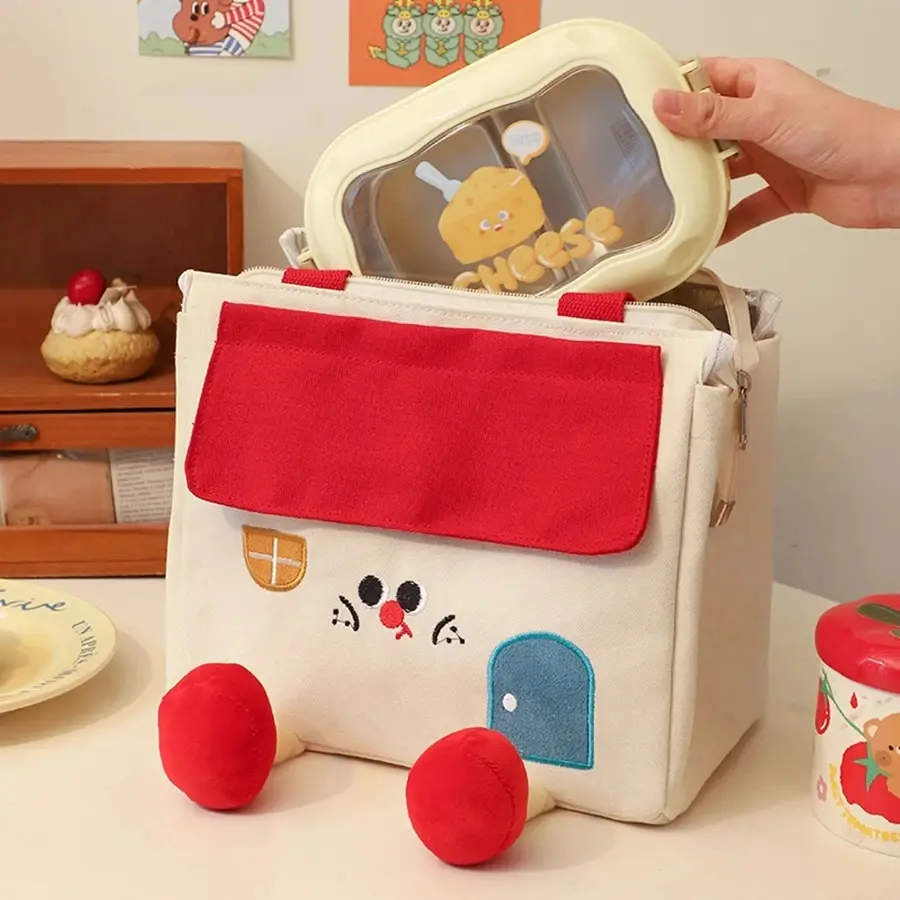 Cute House Lunch Box Bag Portable Cartoon Insulated Tote Bag with Handle Thickened Picnic Travel Storage Bags Students Snack Bag