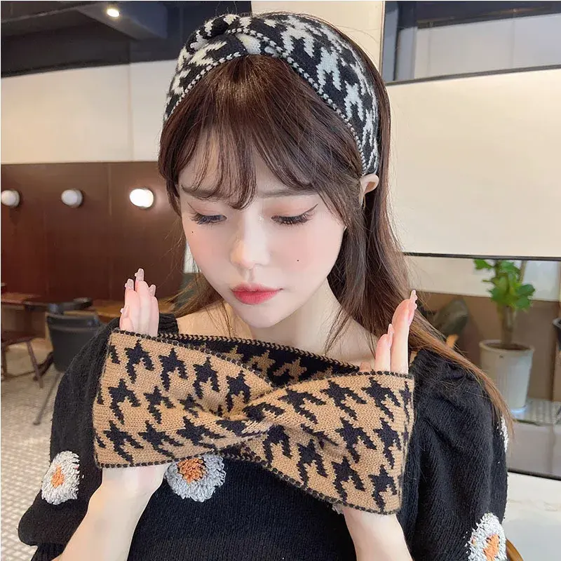 Korea Houndstooth Pattern Women Knitted Headband Hair Accessories for Women Wide-brimmed Style Hair Hoop Bezel Fashion headbands