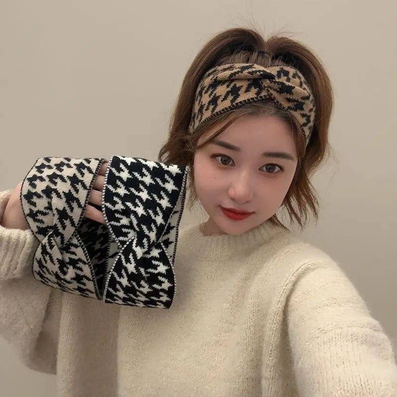 Korea Houndstooth Pattern Women Knitted Headband Hair Accessories for Women Wide-brimmed Style Hair Hoop Bezel Fashion headbands