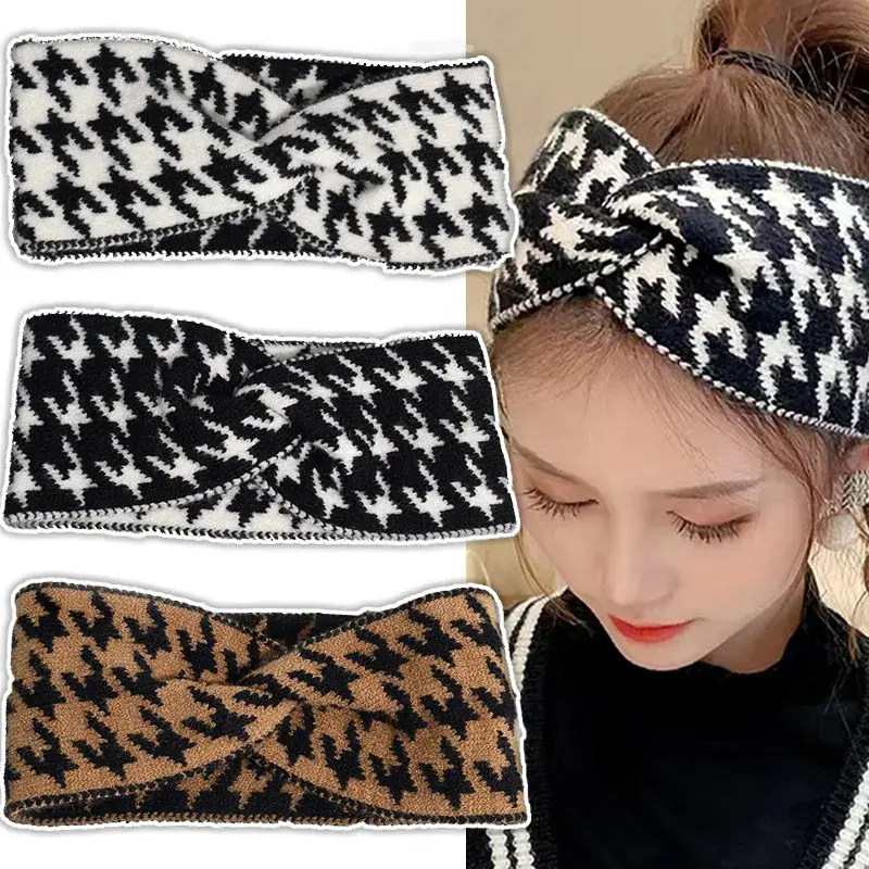 Korea Houndstooth Pattern Women Knitted Headband Hair Accessories for Women Wide-brimmed Style Hair Hoop Bezel Fashion headbands